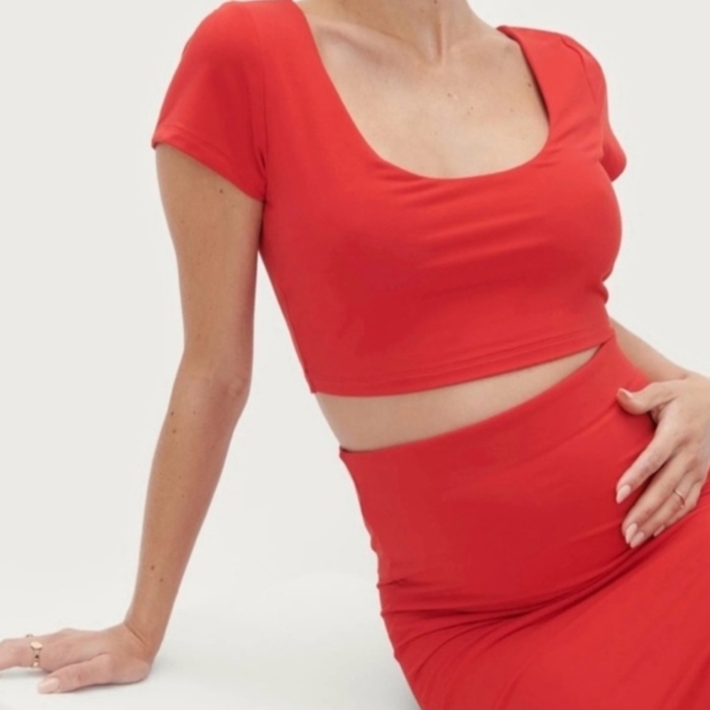 Hatch Red Body Crop Tee And Midi Skirt Set